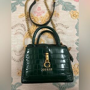 GUESS Dark Green Croc-Embossed Mini Bag with Gold Accents